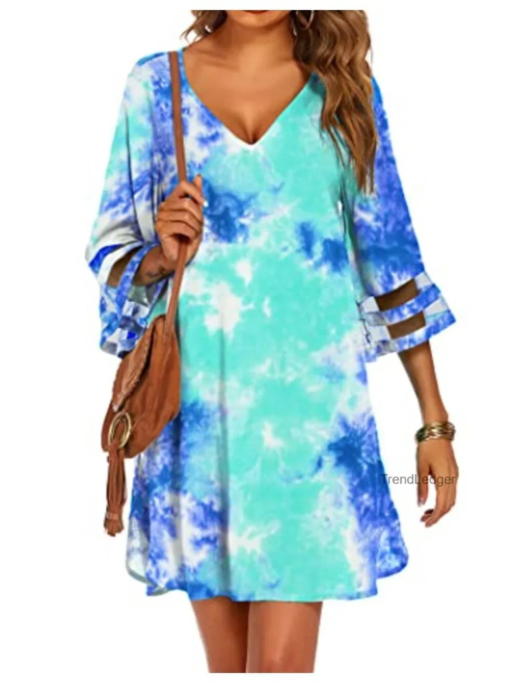 Women's Swimsuit Cover Up 3/4 Bell Sleeve Deep V-Neck Beach Dress Lightweight